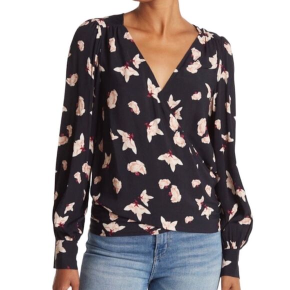 ba&sh Koxie Floral Print Long Sleeve V-Neck Wrap Top Black New Size Large (8) - Picture 1 of 8